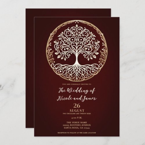 Tree of Life Rustic Dark Red Celtic Wedding Invitation