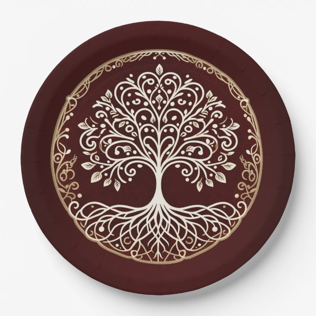 Tree of Life Rustic Dark Red Celtic Wedding Paper Plates (Front)
