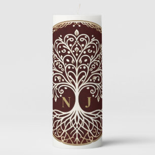 Tree of Life Rustic Dark Red Celtic Wedding Pillar Candle