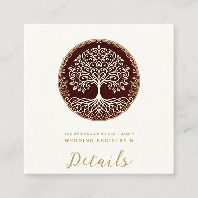 Tree of Life Rustic Dark Red Celtic Wedding Square Business Card (Front)