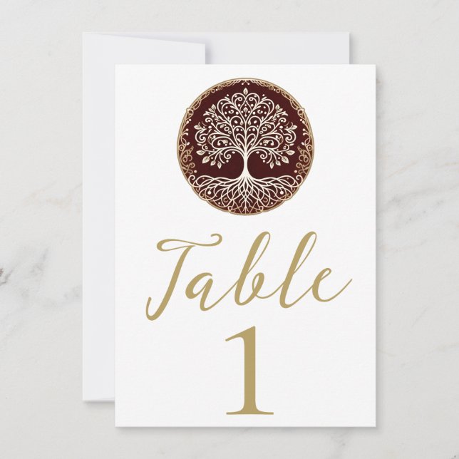 Tree of Life Rustic Dark Red Celtic Wedding Table Invitation (Front)