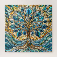 Tree of Life Shattered Glass Mosaic Aqua Blues
