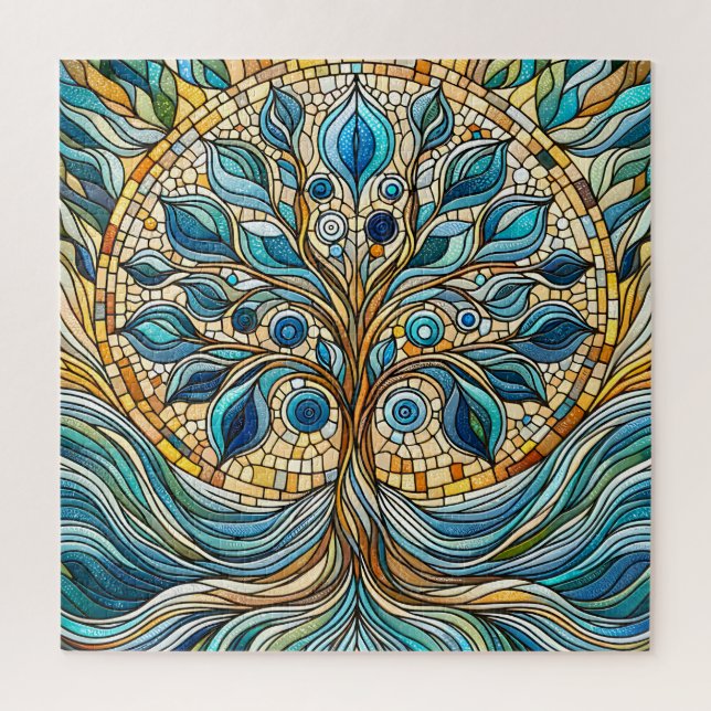 Tree of Life Shattered Glass Mosaic Aqua Blues  Jigsaw Puzzle (Vertical)