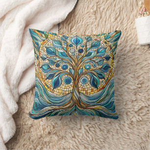 Tree of Life Shattered Glass Mosaic Aqua Blues  Throw Pillow