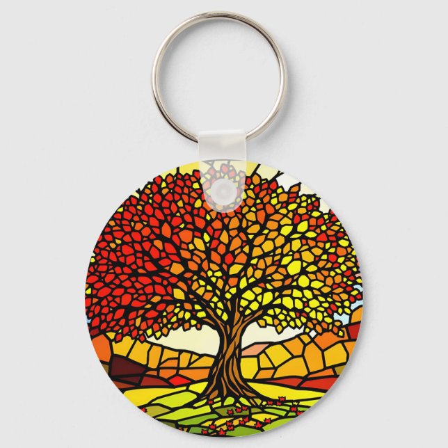 Tree of Life Shattered Glass Mosaic Autumn Colors  Keychain (Front)