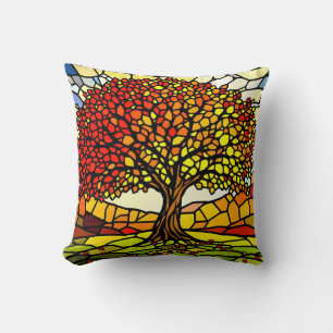 Tree of Life Shattered Glass Mosaic Autumn Colors Throw Pillow
