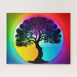 Tree of Life Silhouette in Front of Rainbow Sky Jigsaw Puzzle