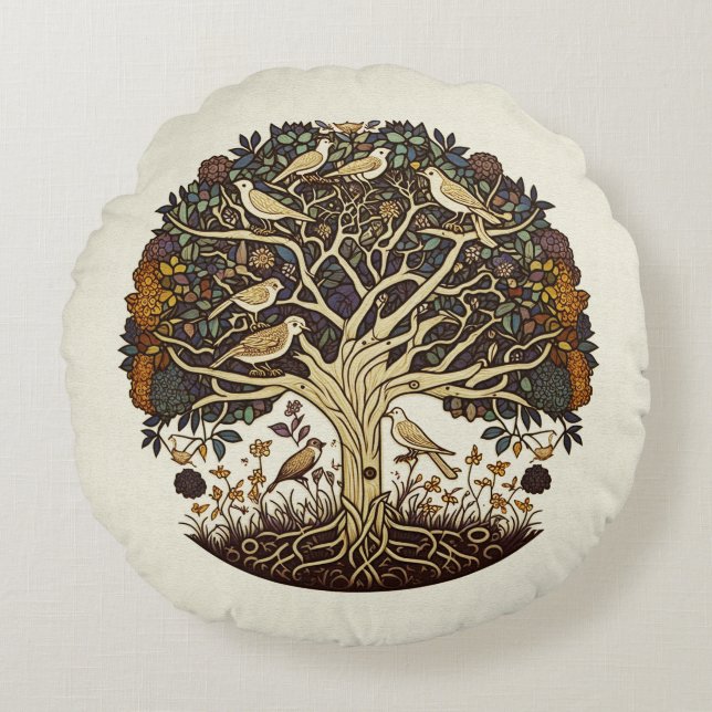 Tree of Life, Songbirds Round Pillow (Front)