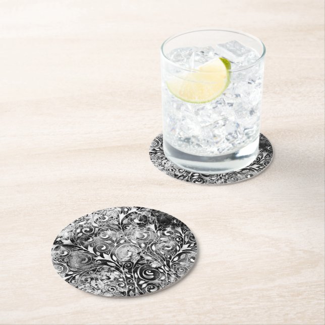 Tree Of Life - Spirals Leaves Grunge Style 1 Round Paper Coaster (Insitu)