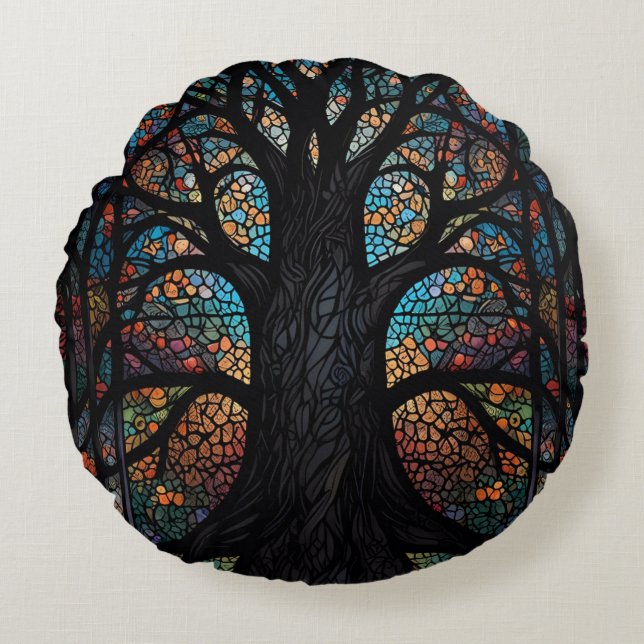 Tree Of Life Stained Glass Mosaic Art  Round Pillow (Front)
