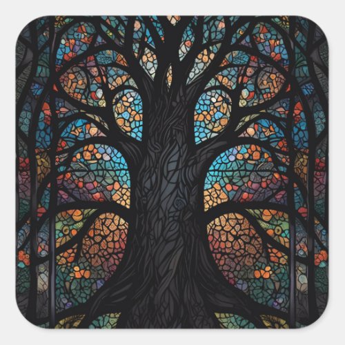 Tree Of Life Stained Glass Mosaic Art  Square Sticker