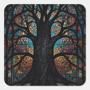 Tree Of Life Stained Glass Mosaic Art Square Sticker