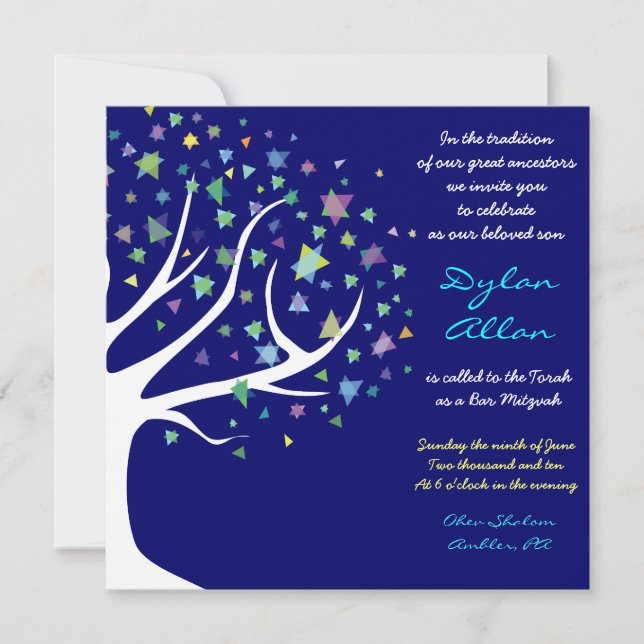 Tree of Life Stars Bar Mitzvah Invitation Blue (Front)