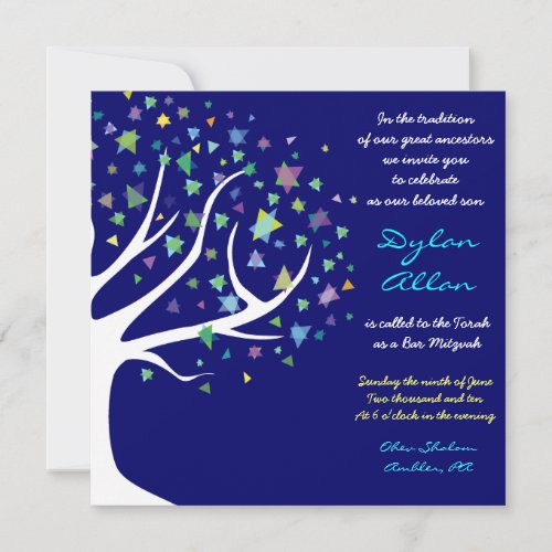 Tree of Life Stars Bar Mitzvah Invitation Blue