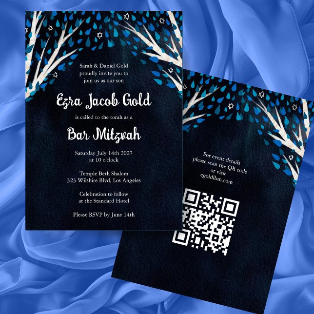 Tree of Life Stars Custom Bat Bar Mitzvah QR Code Invitation (Tree of Life Stars Custom Bat Bar Mitzvah QR Code Custom Modern Watercolor Invitation
)