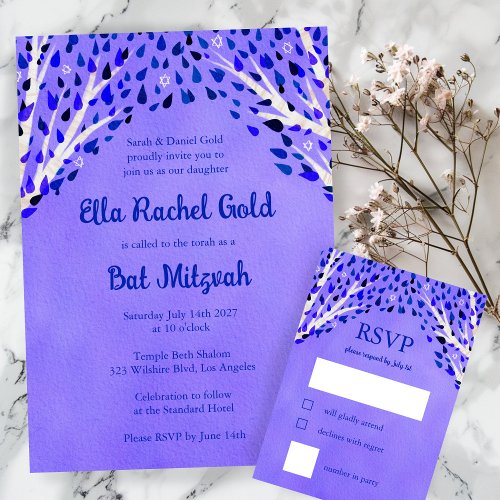 Tree of Life Stars Watercolor Bat Bar Mitzvah RSVP Card