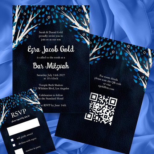 Tree of Life Stars Watercolor Bat Bar Mitzvah RSVP Card