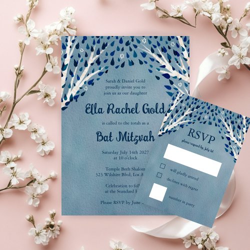 Tree of Life Stars Watercolor Bat Bar Mitzvah RSVP Card