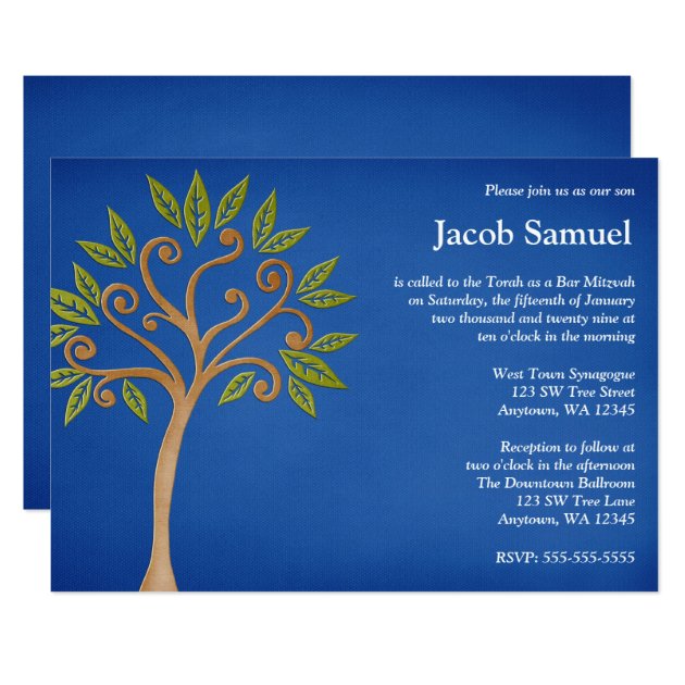 Tree Of Life Swirls Blue Bar Mitzvah Invitations