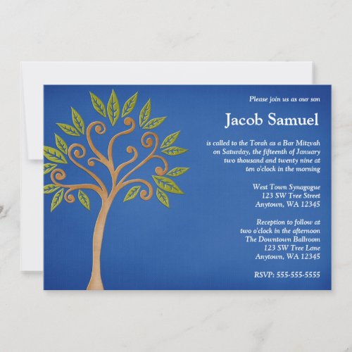 Tree of Life Swirls Blue Bar Mitzvah Invitations