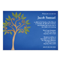 Tree of Life Swirls Blue Bar Mitzvah Invitations