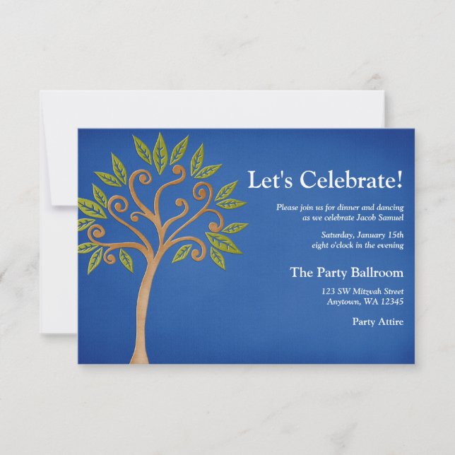 Tree of Life Swirls Blue Bar Mitzvah Reception Invitation (Front)