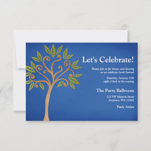 Tree of Life Swirls Blue Bar Mitzvah Reception Invitation