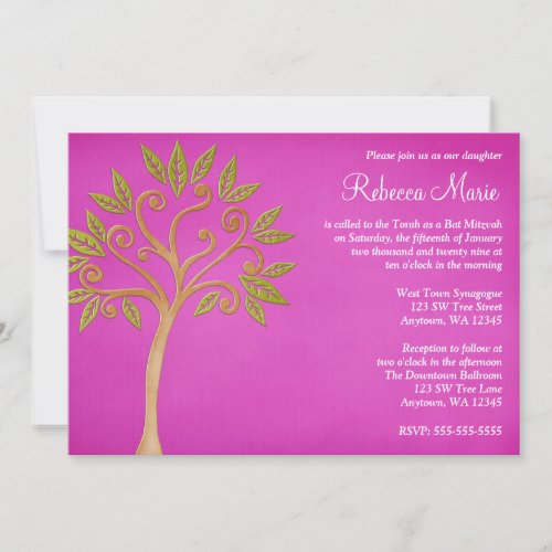 Tree of Life Swirls Pink Bat Mitzvah Invitations