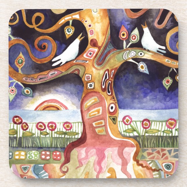 TREE OF LIFE Watercolor Doves Beverage Coaster (Front)