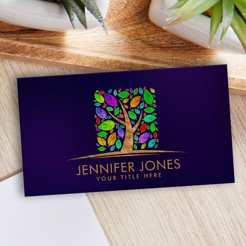 Tree of life _ watercolor leaves _ square shape business card