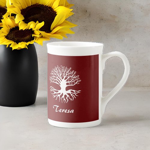 Tree of Life White Silhouette on Burgundy Monogram Bone China Mug