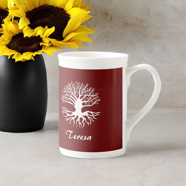 Tree of Life White Silhouette on Burgundy Monogram Bone China Mug (Creator Uploaded)