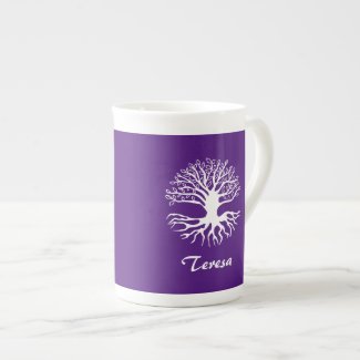 Tree of Life White Silhouette on Purple Monogram Bone China Mug