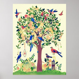 Tree of Life with Birds and Flowers Poster