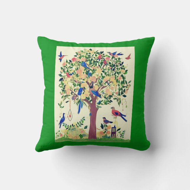 Tree of Life with Birds and Flowers Throw Pillow (Back)