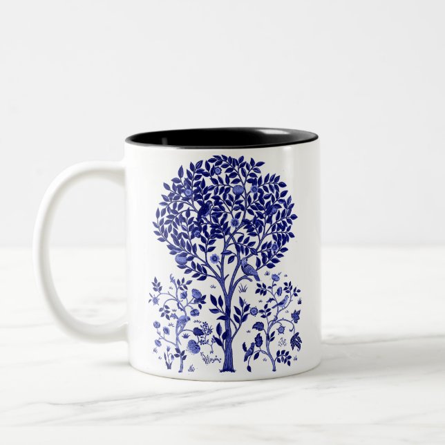 Tree of Life with Birds and Flowers Two-Tone Coffee Mug (Left)