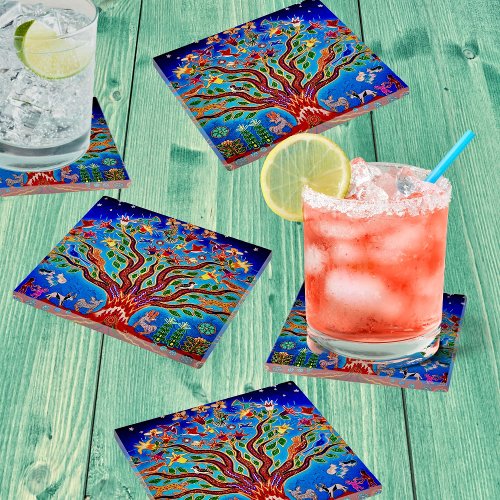 Tree Of Life With Birds  Flowers In The Night Sky Glass Coaster