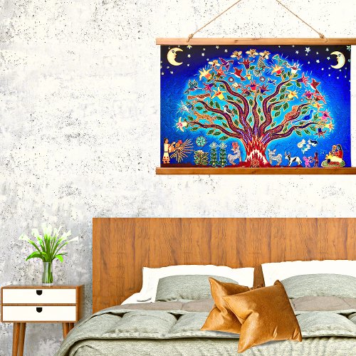 Tree Of Life With Birds  Flowers In The Night Sky Hanging Tapestry