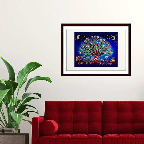 Tree Of Life With Birds  Flowers In The Night Sky Poster