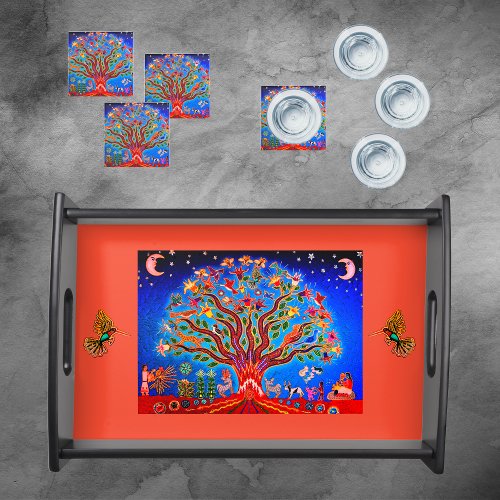 Tree Of Life With Birds  Flowers In The Night Sky Serving Tray