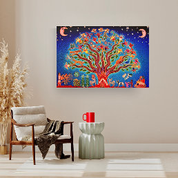 Tree Of Life With Birds &amp; Flowers In The Night Sky Wood Wall Art