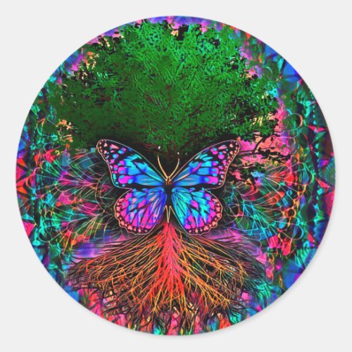 Tree of Life with Butterfly Rainbow Classic Round Sticker