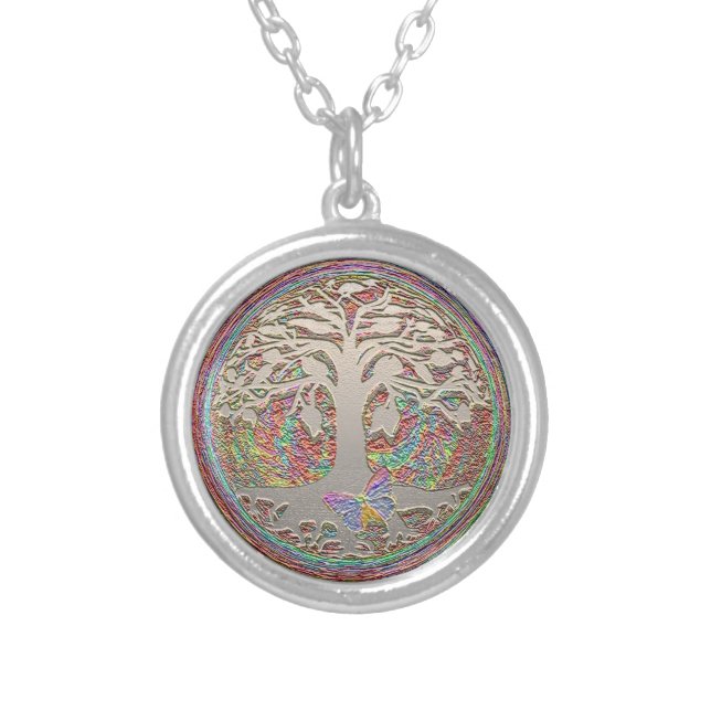 Tree of Life with Butterfly Silver Plated Necklace (Front)