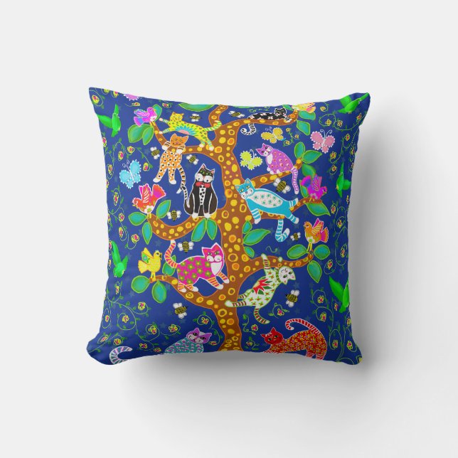 Tree of Life with Cats and Birds Throw Pillow (Front)