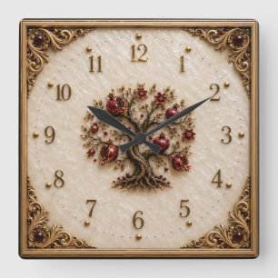 Tree of Life with Pomegranates 3D Relief Art Square Wall Clock