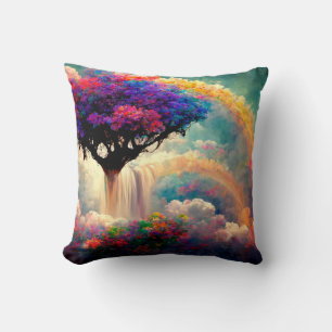 Tree of Life with Rainbows, Flowers, Bridge Throw Pillow