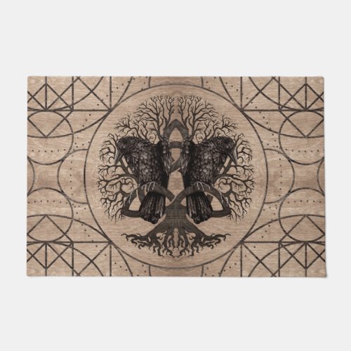 Tree of life _ with ravens wooden texture doormat