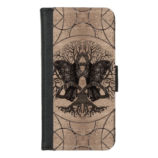 Tree of life - with ravens wooden texture iPhone wallet case (Front)