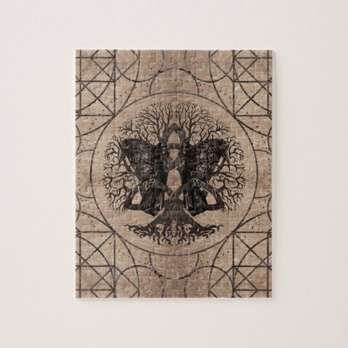 Tree of life _ with ravens wooden texture jigsaw puzzle