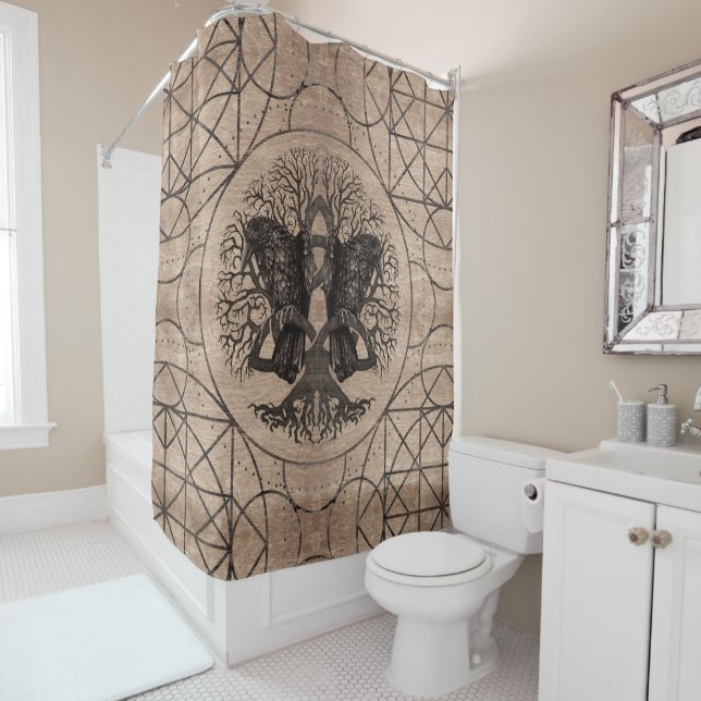 Tree of life - with ravens wooden texture shower curtain (In Situ)